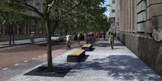 Aert van Nesstraat in Rotterdam with trees, new pavement and new street furniture