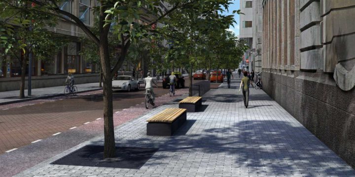 Aert van Nesstraat in Rotterdam with trees, new pavement and new street furniture