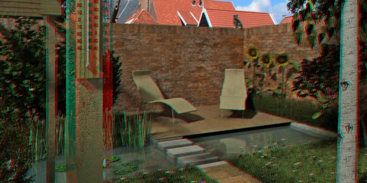 Stereo image of a walled city garden, with a pond, grass and a little terrace; a red and cyan pair of 3d glasses is needed to see the effect