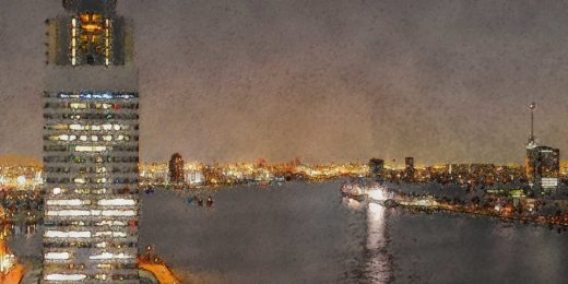 Fragment of a paintified photo taken at night at the 14th floor of De Rotterdam with both banks of the river Nieuwe Maas