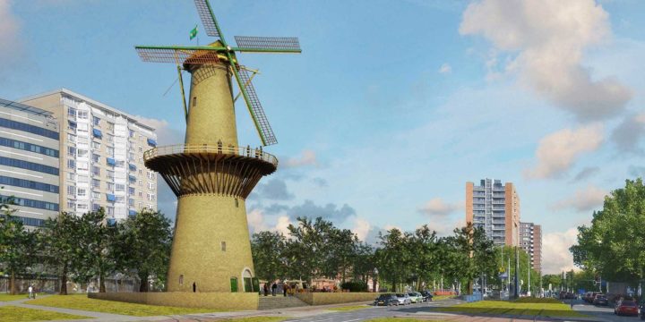 Artist impression of Windmill De Noord, reconstructed on the refurbished and greened Oostplein in Rotterdam