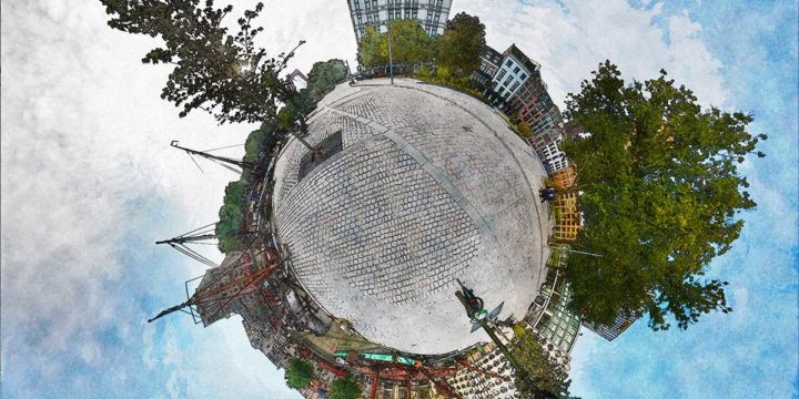 Spherical panorama of Gelderseplein in Rotterdam, featuring the White House, the reconstructed Wijnhavenhouses, the Old Harbour with the Cube dwellings and more