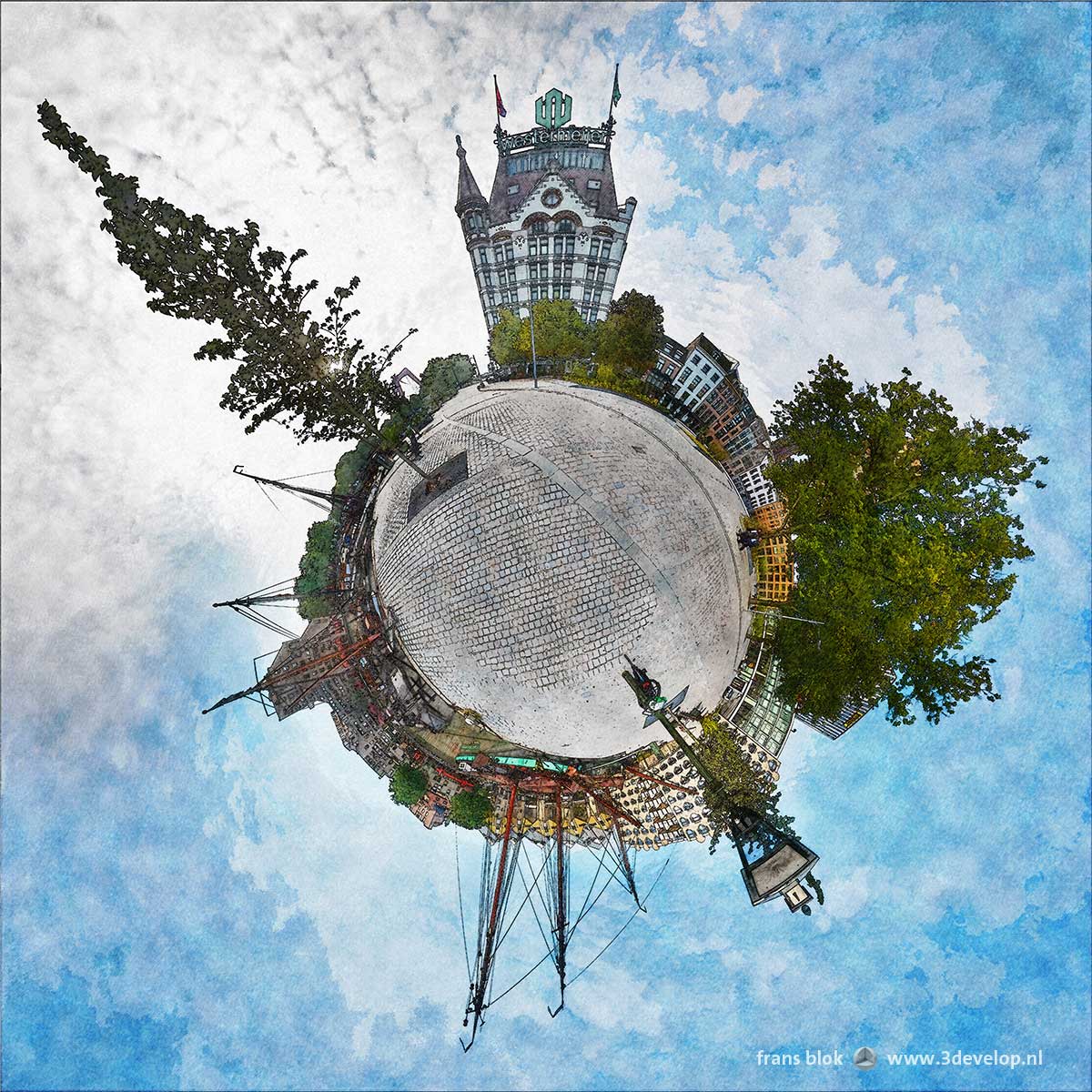 Spherical panorama of Gelderseplein in Rotterdam, featuring the White House, the reconstructed Wijnhavenhouses, the Old Harbour with the Cube dwellings and more