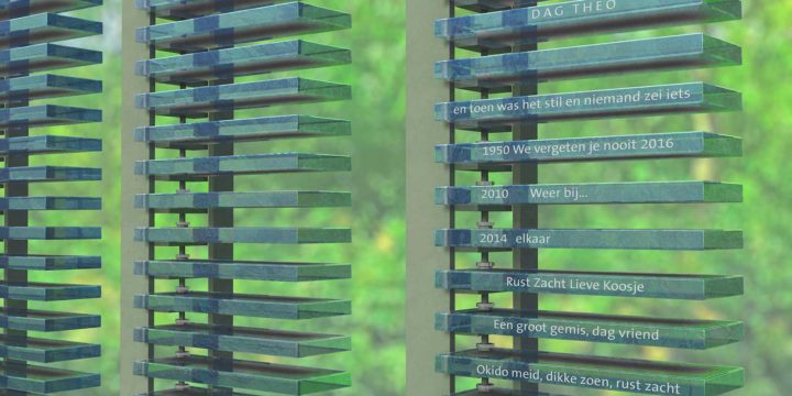 Remembrance monument for cemeteries, with azure blue glass blocks, designed by Dirry de Bruin