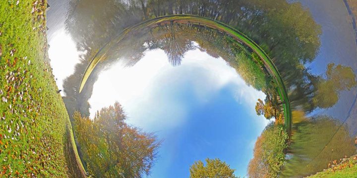 Buispanorama van Het Park, Rotterdam, met twee nijlganzen en de Euromast, gemaakt op een zonnige dag in de herfst