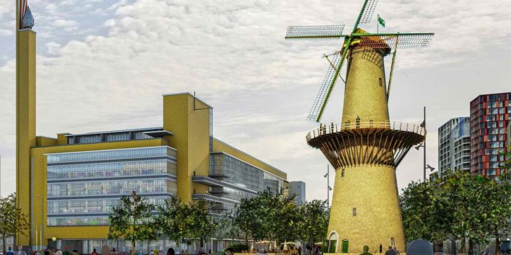 Impression of Dudok's Bijenkorf department store and windmill de Noord possibly reconstructed in Miniworld Rotterdam