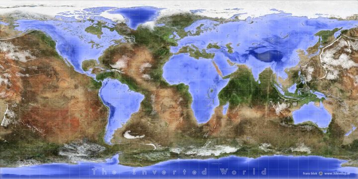 The inverted world map where land and sea have been swapped; continents are oceans, islands are lakes and the other way around, in colors inspired by NASA's Blue Marble imagery