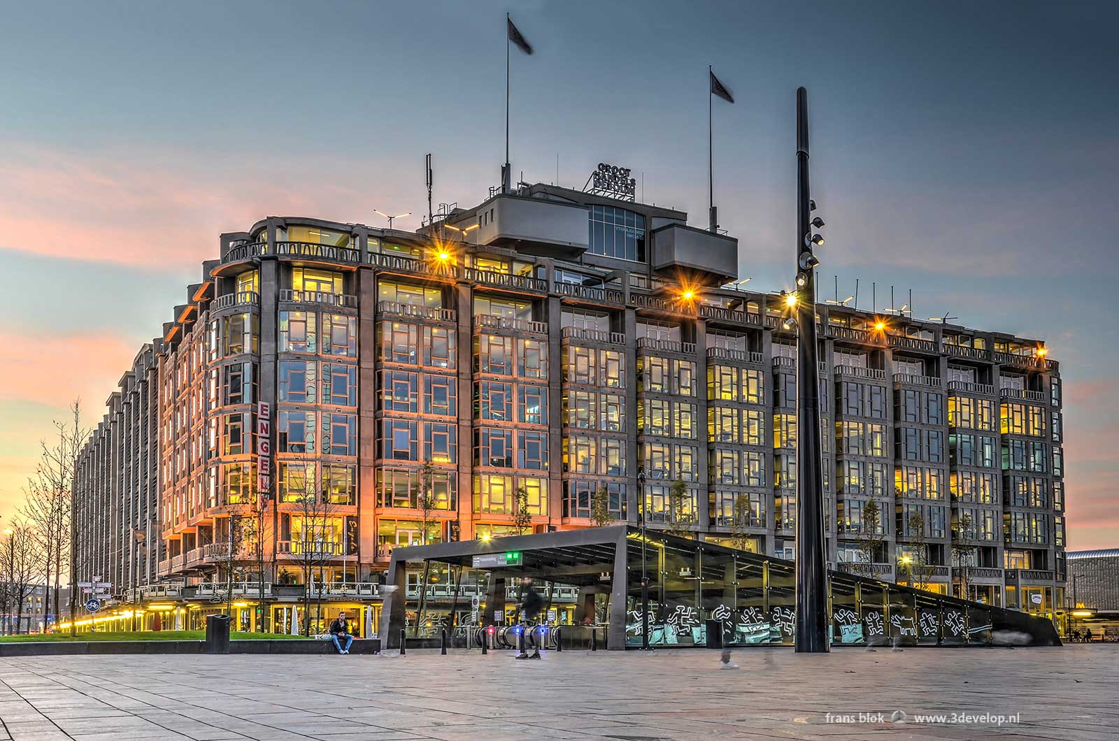 Station Square and Great Trade Building in Rotterdam around sunset