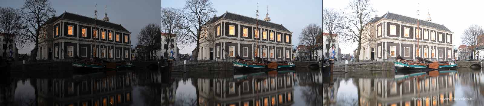 Drie foto's van de Korenbeurs en de Korte Haven in Schiedam, met drie verschillende belichtingen: onderbelicht, overbelicht en gemiddeld