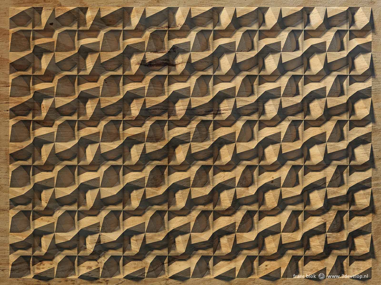 A virtual relief, creating the illusion of depth on a flat surface, with a kind of wave pattern in a square grid, done as wood carving