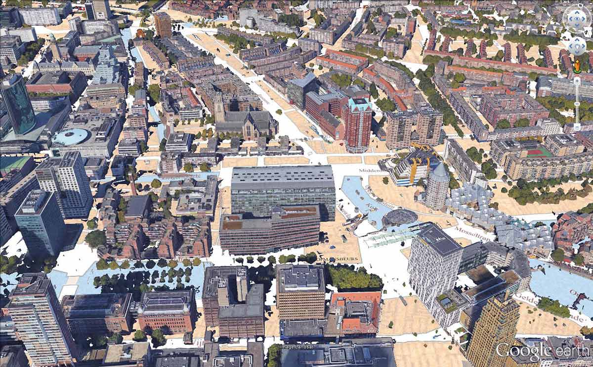 Image made in Google Earth of the area around Markthal in downtown Rotterdam, with present day buildings on a streetmap from 1939