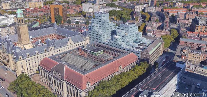 Image made in Google Earth of the layer of 3d buildings in downtown Rotterdam, showing the city hall, the former post office, Beurs wtc and the new Timmerhuis