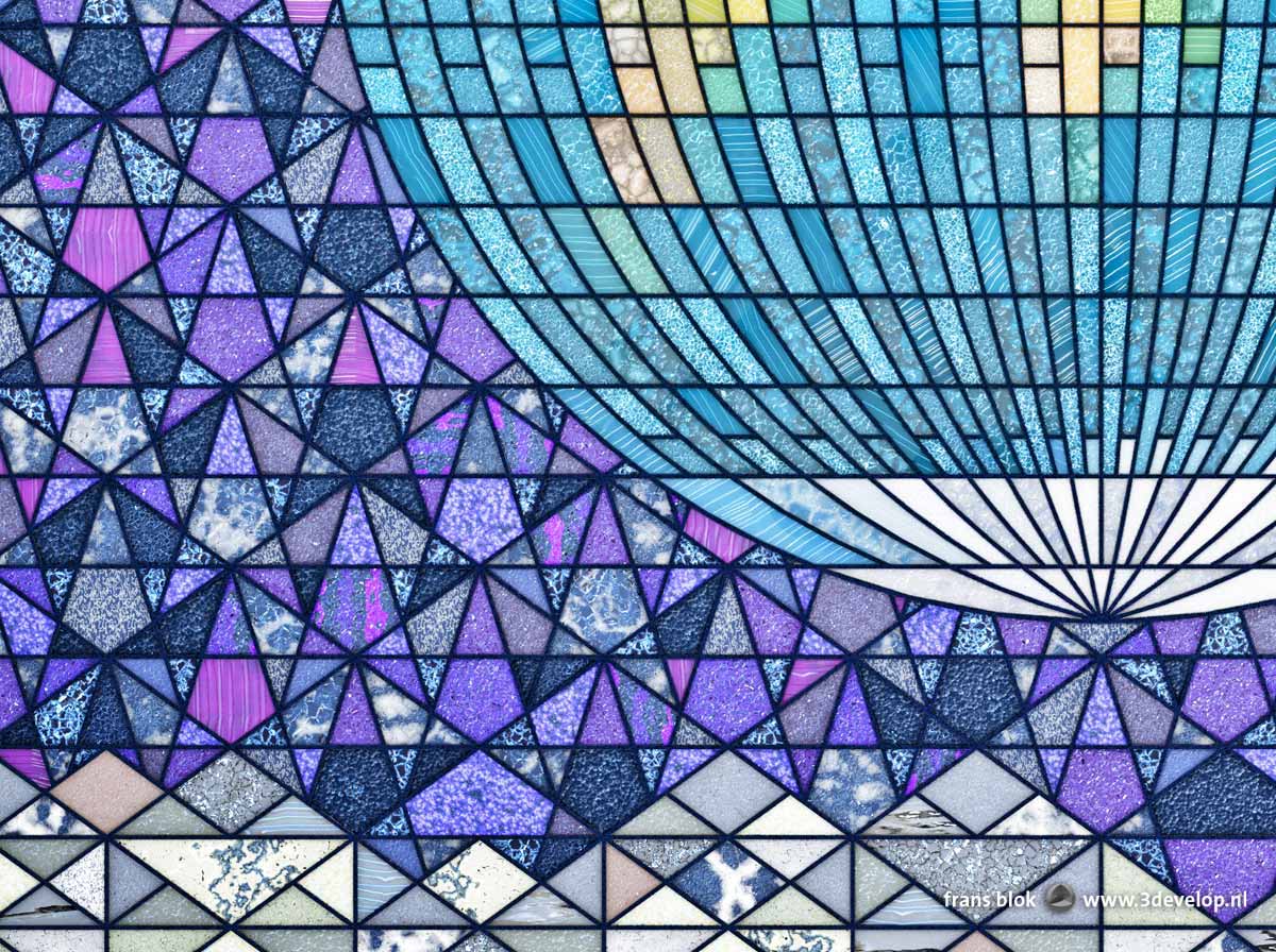 Fragment of the Earthrise stained glass window with a piece of the southern hemisphere above the mountains of the Moon