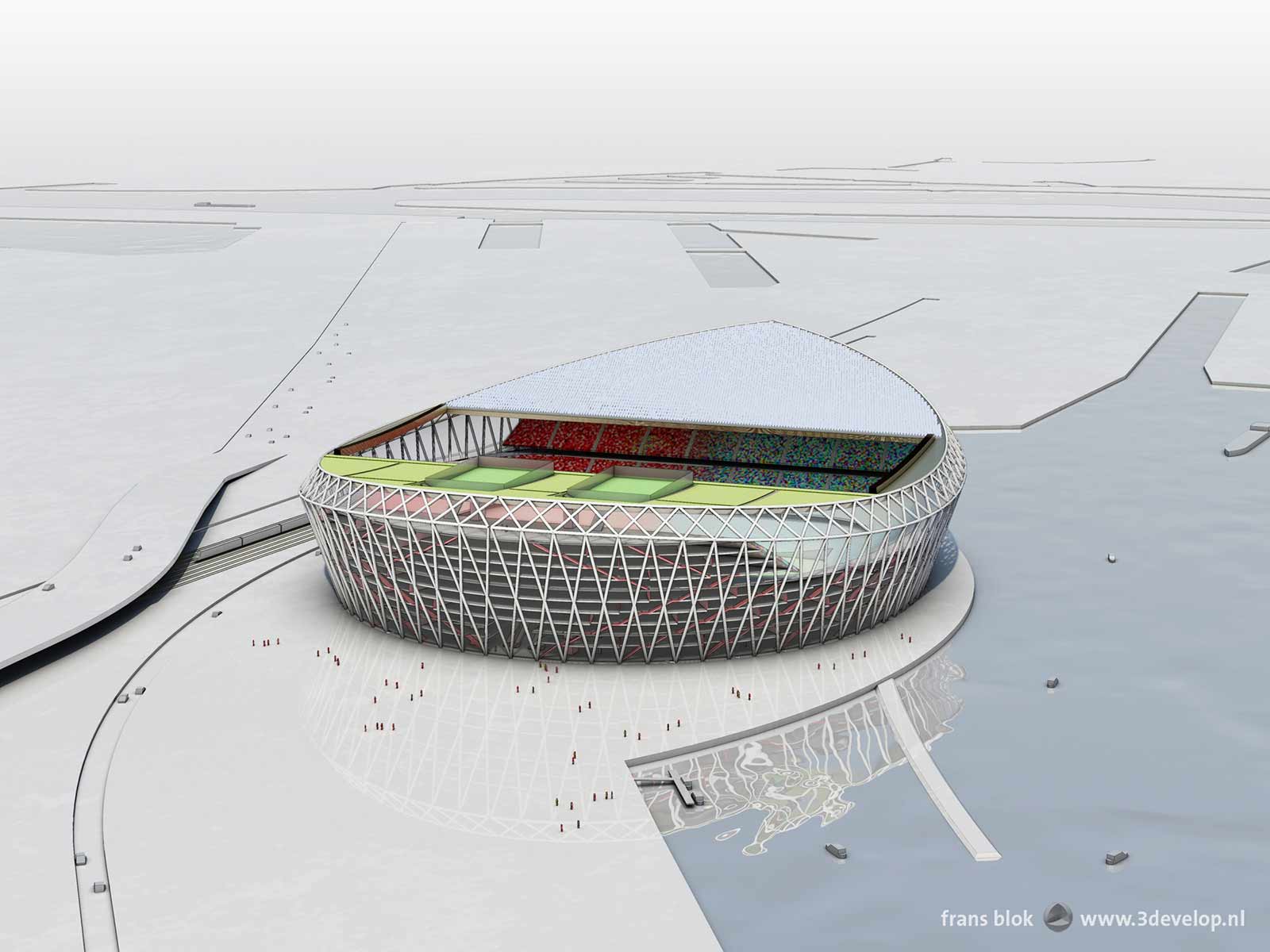 Aerial view of the proposed new Feyenoord stadium, The Barge, seen from the south with the river Nieuwe Maas, Noordereiland and downtwon Rotterdam in the background