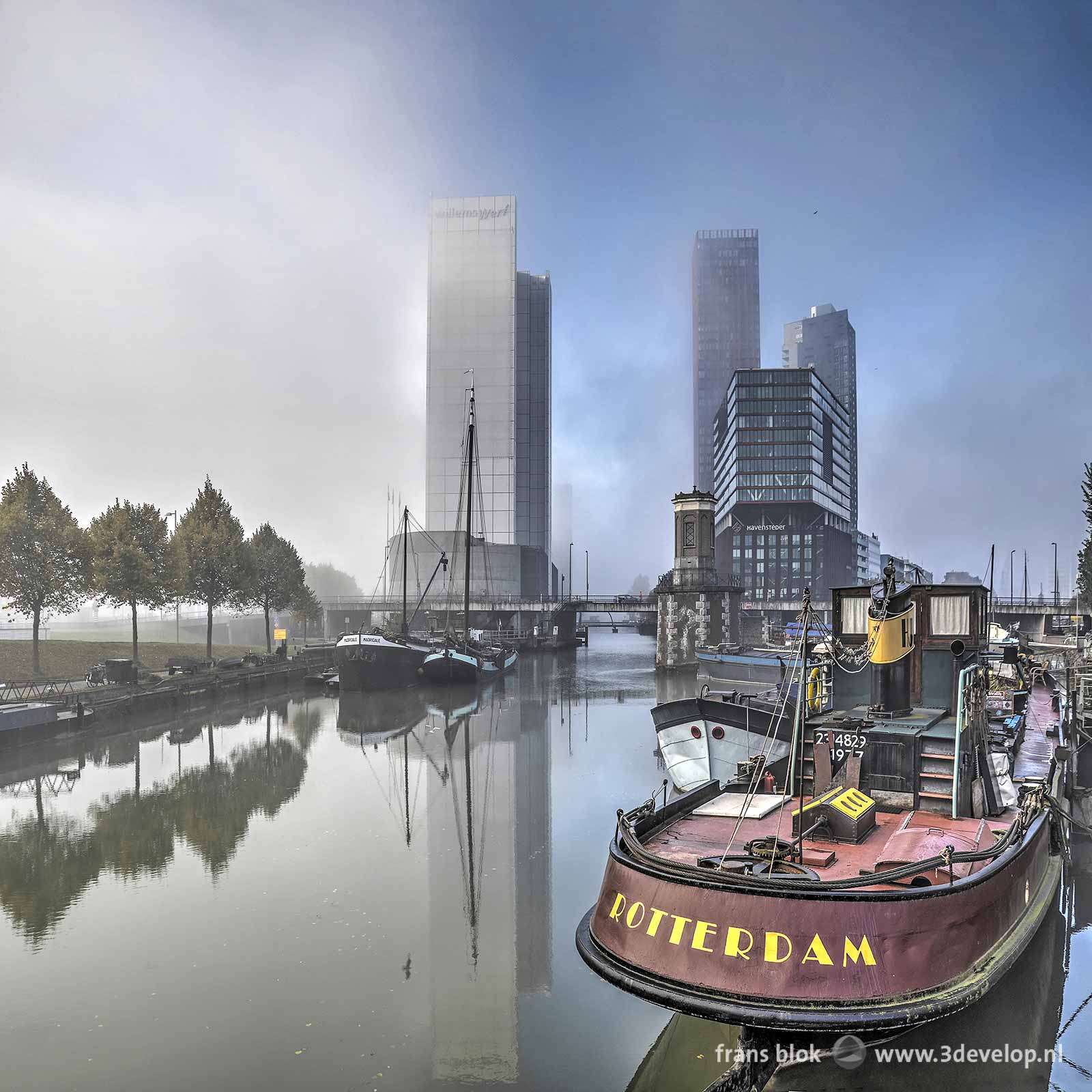 Wijnhaven in Rotterdam, an old harbour with boats and highrise buildings, with patches of mist rolling into the city from the river Nieuwe Maas