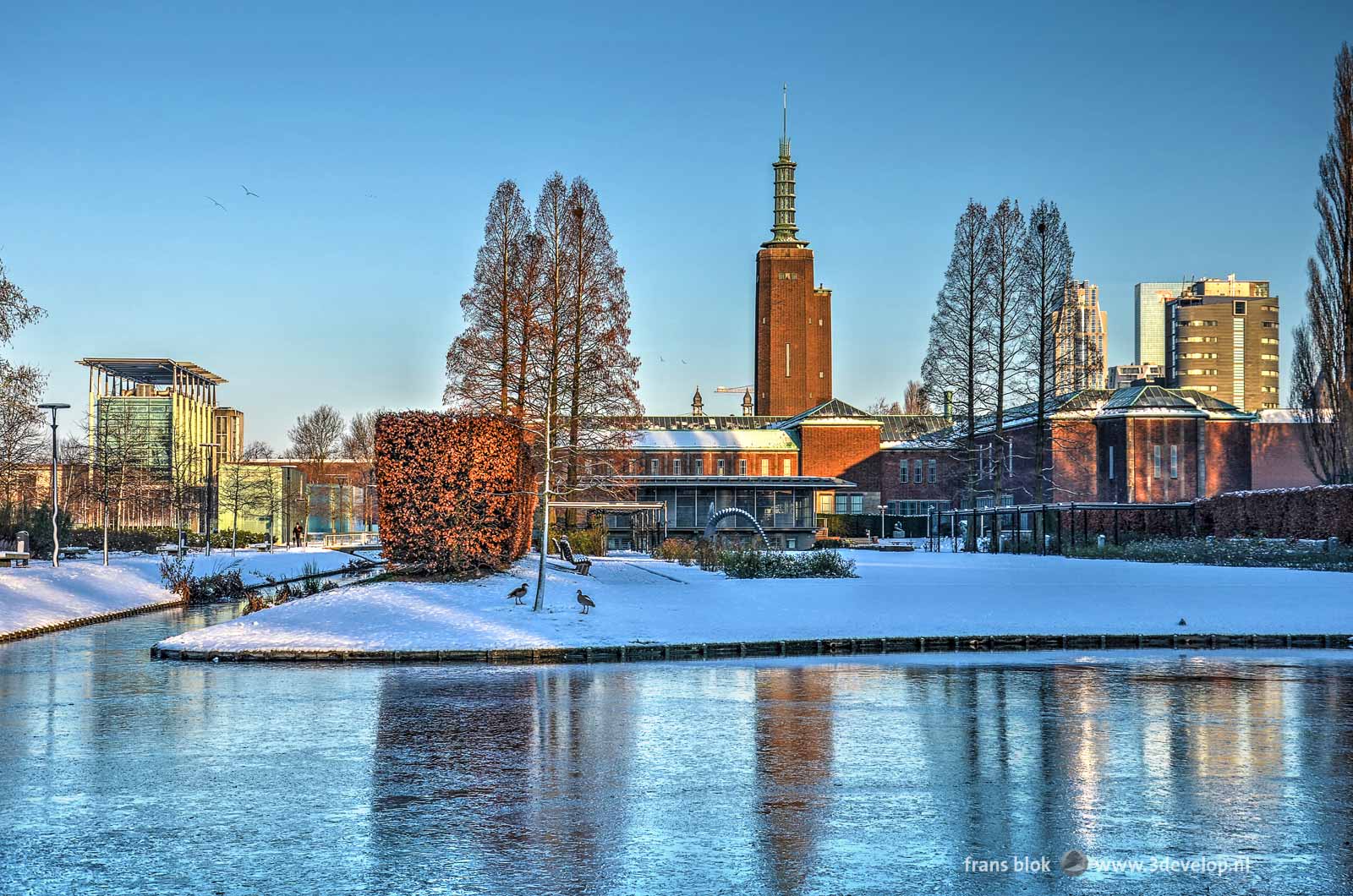 Foto uit de (korte) winter van 2014, met het besneeuwde Museumpark in Rotterdam, een bevroren vijver, museum Boymans, het Nieuwe Instituut en het Parkhotel.