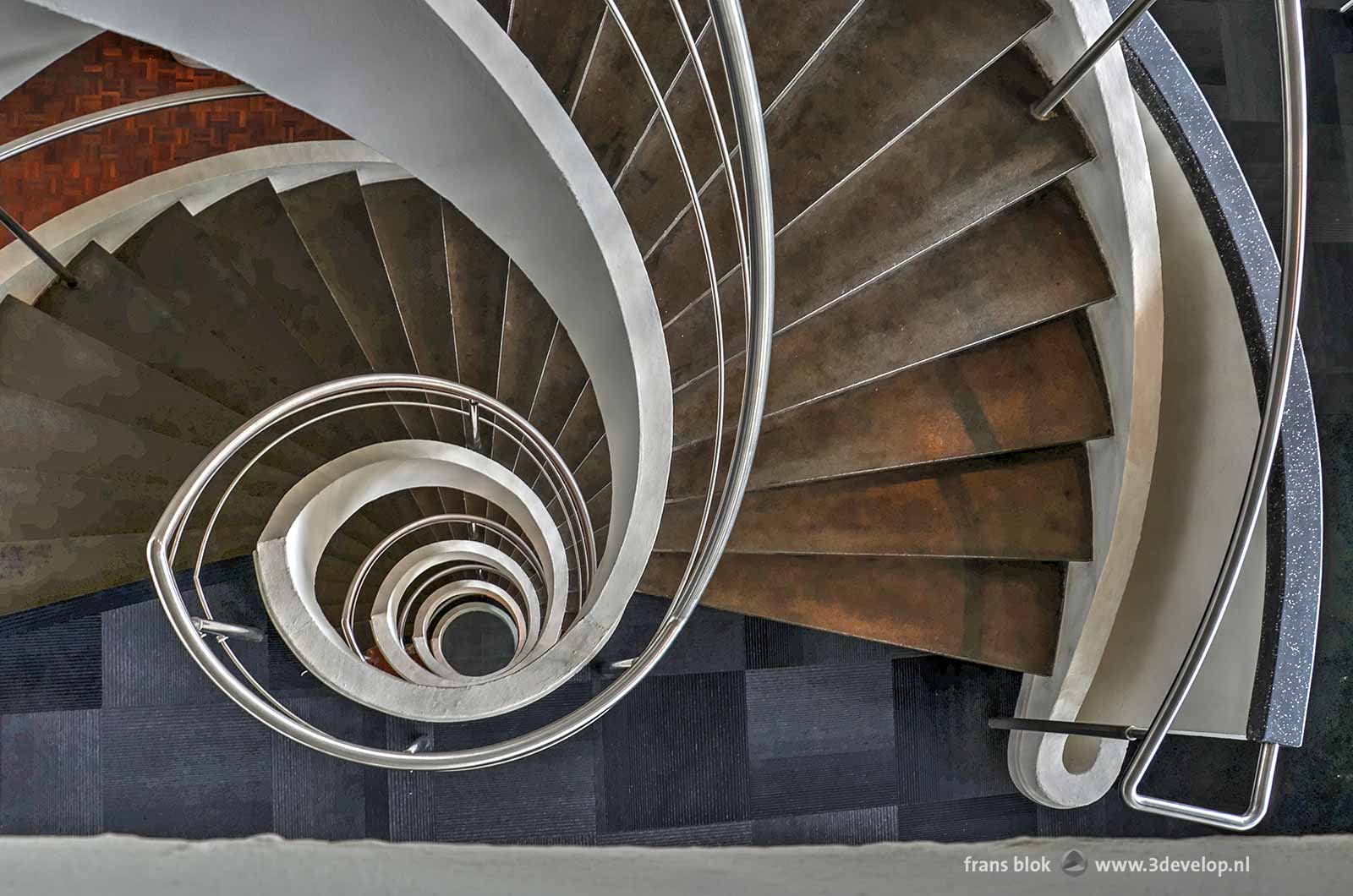 Top view of the particular spiral staircase in the building industry Goudsesingel in Rotterdam, designed by architect Maaskant.