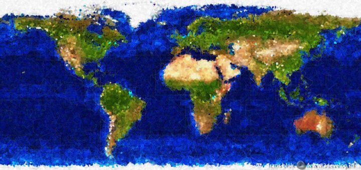 World map inspired by cubism, showing our planet as a complex system of shapes, colors and lines