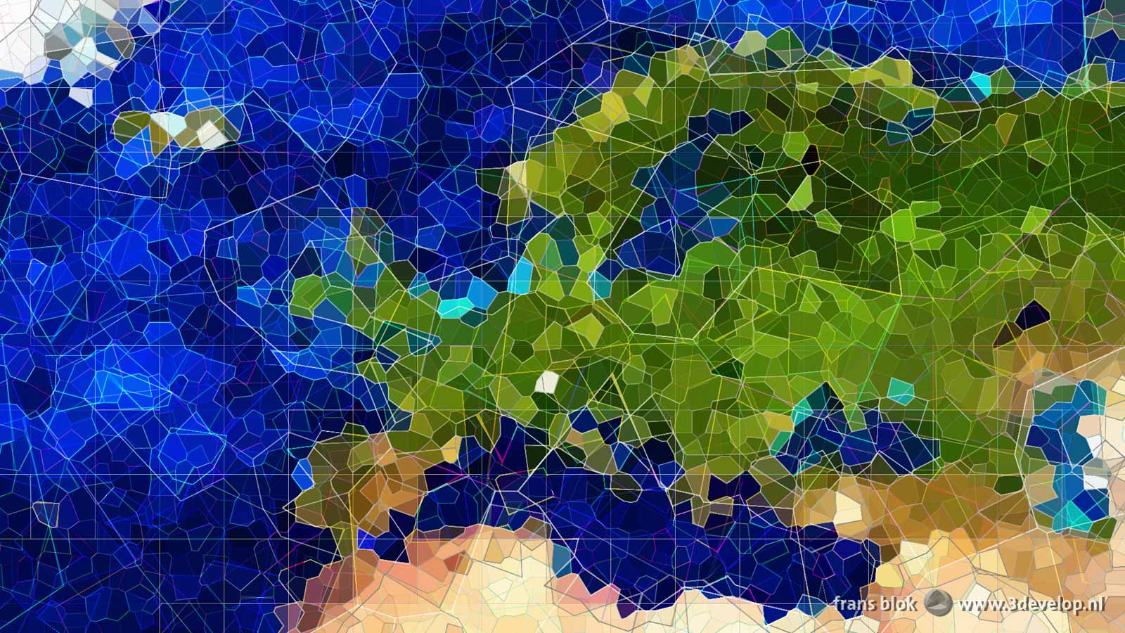 Fragment van de kubistische wereldkaart: Europa met delen van Noord-Afrika, het Midden-oosten, Siberië en Groenland.