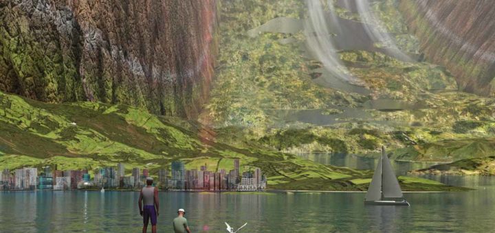 Artist impression of the interior of a giant hollow asteroid, seen from the shore of a lake, with two men on a wooden pier, looking out towards a city and the hills, lakes and cliffs beyond