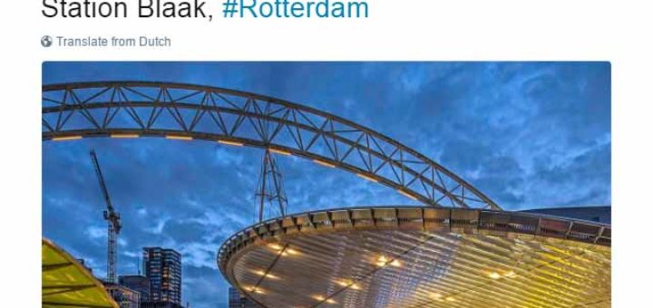 Tweet about railway station Rotterdam Blaak, mainly in blue and yellow, the colors of Dutch Railways