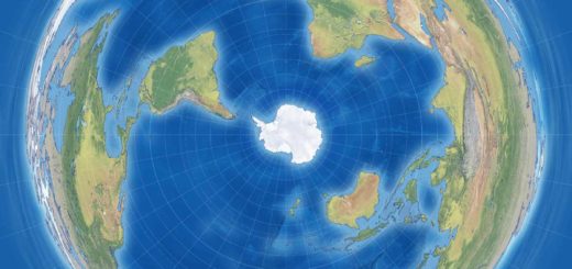 Een wereldkaart volgens de Antarctische of Pinguïnprojectie, met de zuidpool in het midden en met naar het noorden toe steeds grotere vervormingen.