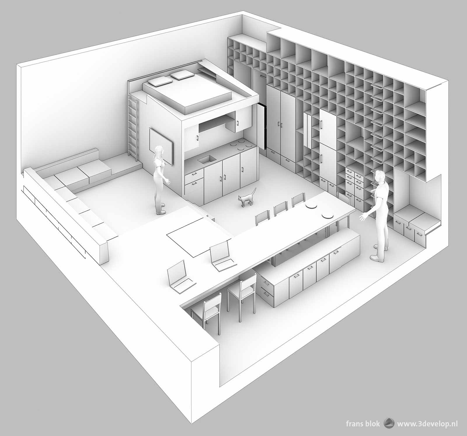 Axonometric artist impression of a condo, a compact urban appartment.