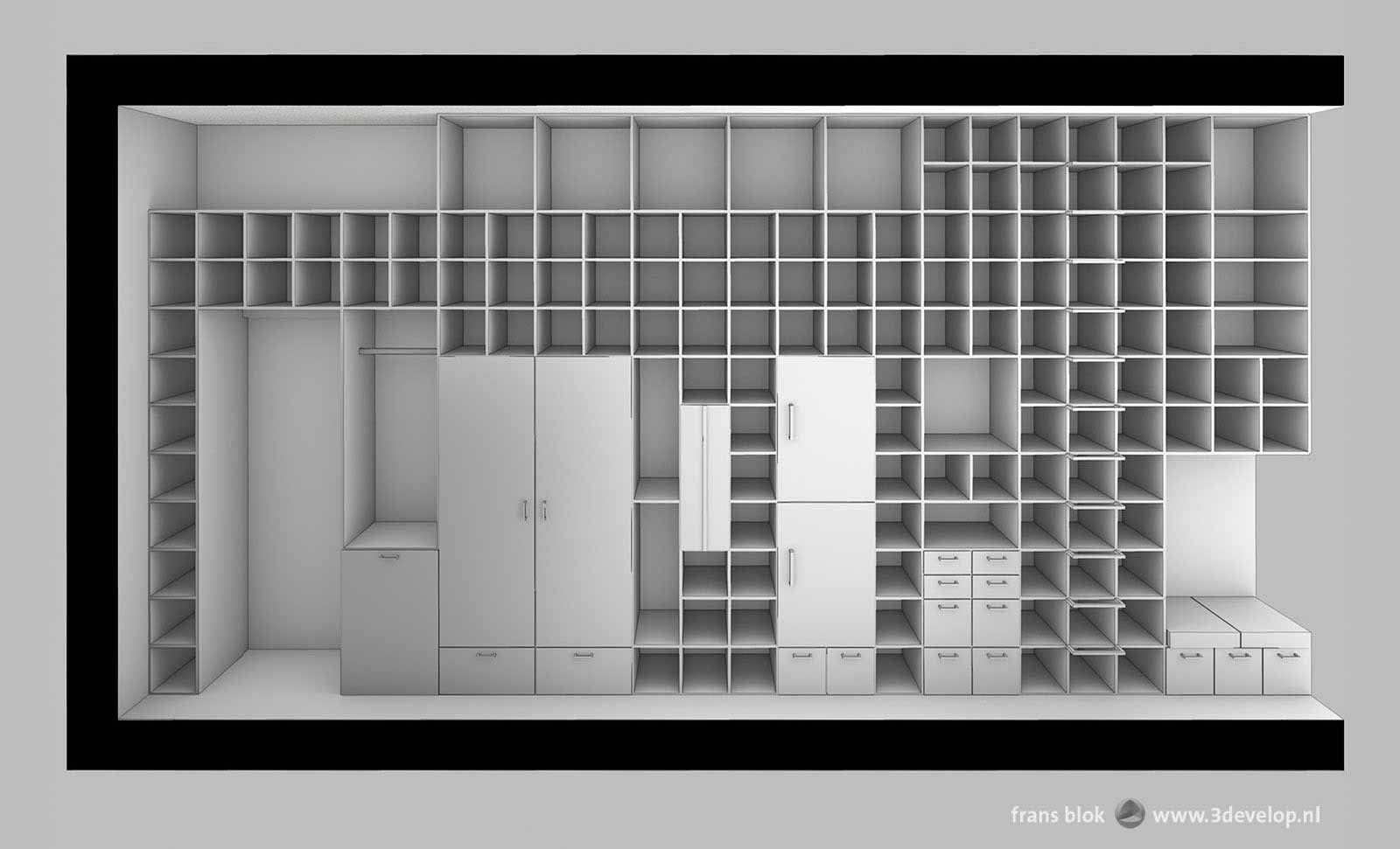 Section through a condo, a compact urban appartment, showing a large multifunctional cabinet wall