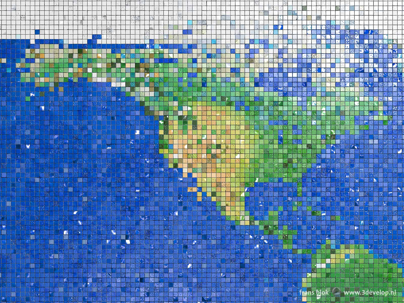 Fragment van een wereldkaart gemaakt van kleine gekleurde mozaïektegeltjes, met Noord- en Midden-Amerika en gedeelten van de Grote en Atlantische Oceaan.