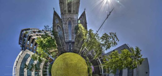 Spherical panoarama, or little planet, made of twelve photographs taken at the lawn in the little park in front of Saint Lwarence's Church in Rotterdam