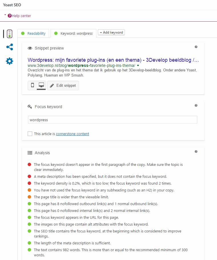 Screenshot of Yoast SEO, a plugin that helps WordPress users to optimize their posts for search engines