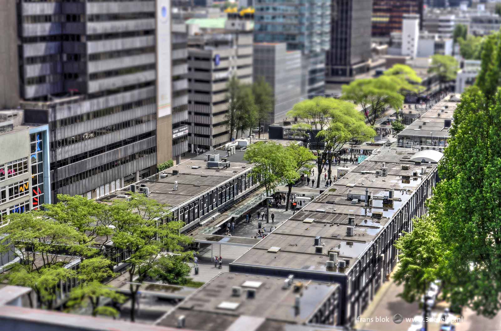 The Miniworld or Madurodam effect on a photo of the Lijnbaan shopping mall in Rotterdam made during the Rotterdam Rooftop Days