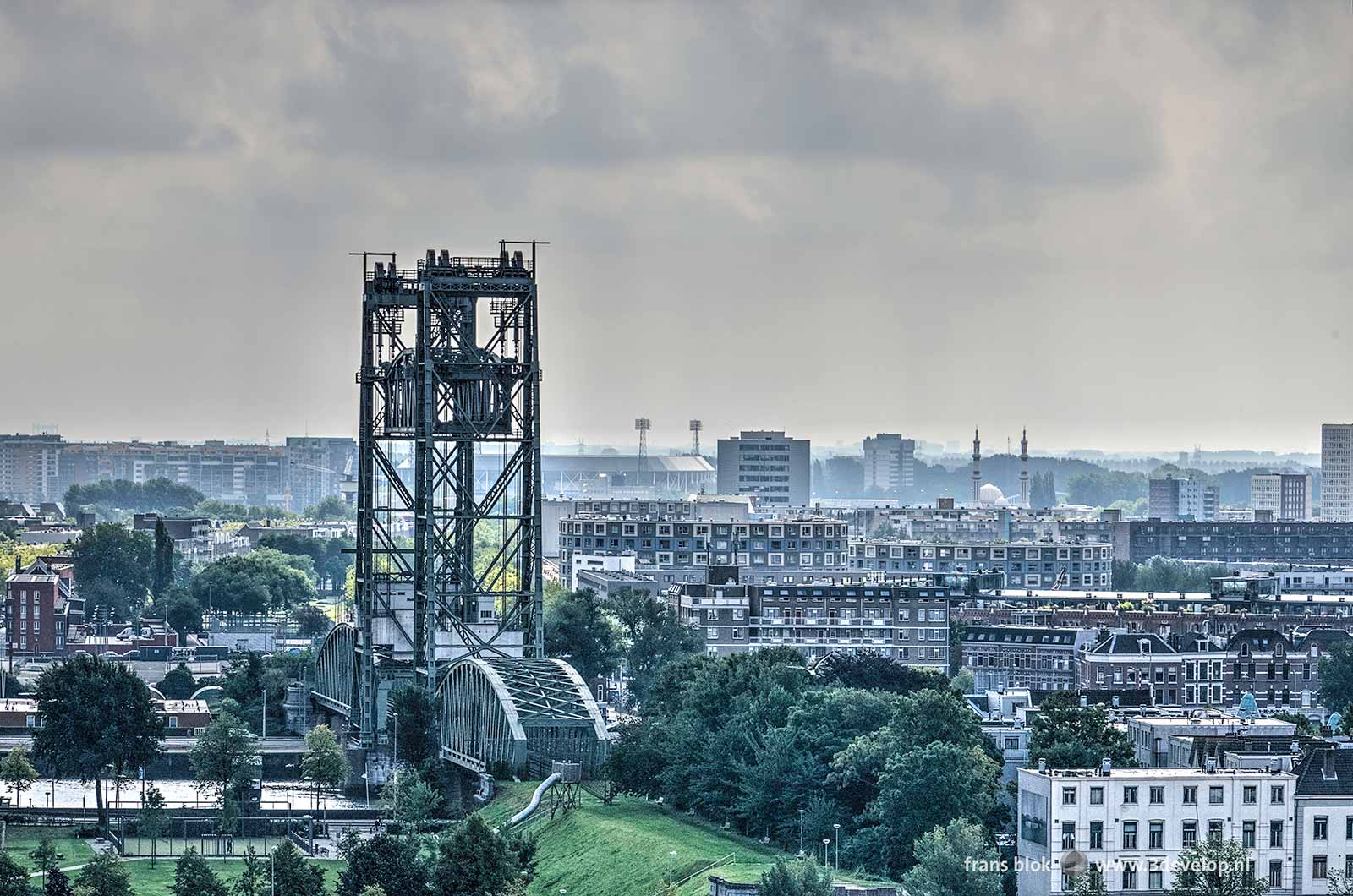 Rotterdam's Southbank and Noordereiland, seen from the White House, with railway bridge De Hef and Feyenoord Stadium De Kuip