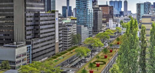 Artist impression of the High Line Baan, a park on the roof of Lijnbaan shopping center in Rotterdam