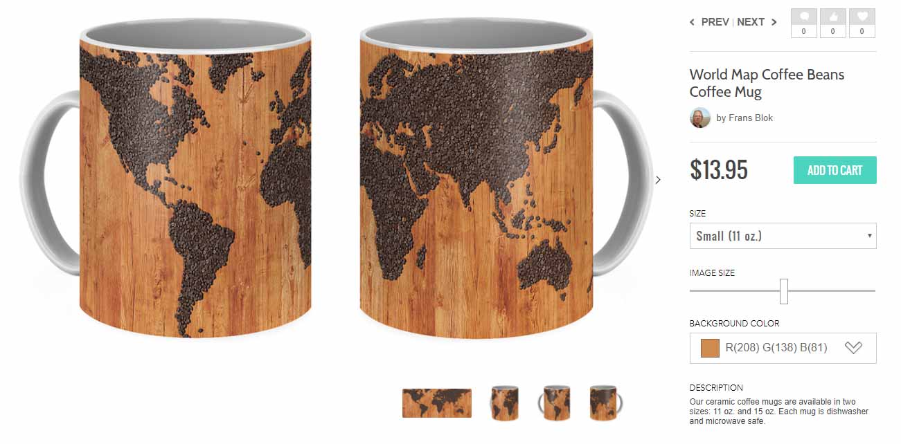 Koffie mug with a print of a world map made of coffee beans on a wooden table