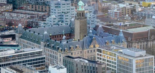 The Rotterdam town hall seen from the Delftse Poort building with behind it Timmerhuis, Saint Lawrence Church and the Markthal