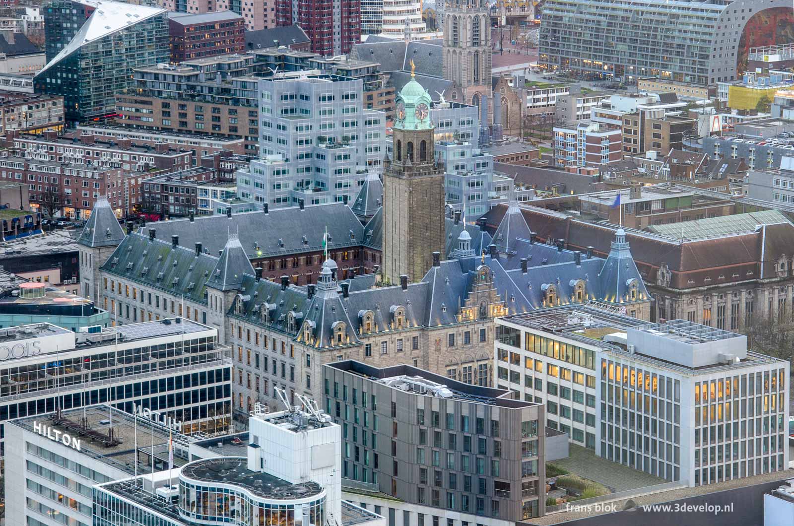 The Rotterdam town hall seen from the Delftse Poort building with behind it Timmerhuis, Saint Lawrence Church and the Markthal