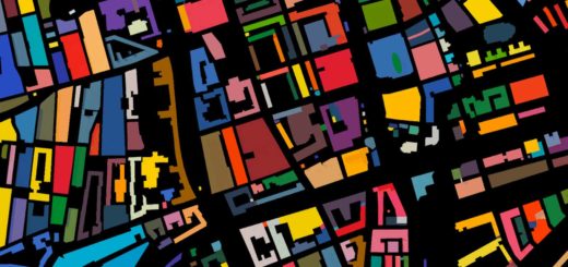 Detail of the Color Map of Rotterdam cropped at the city center with all city blocks drawn in a random color