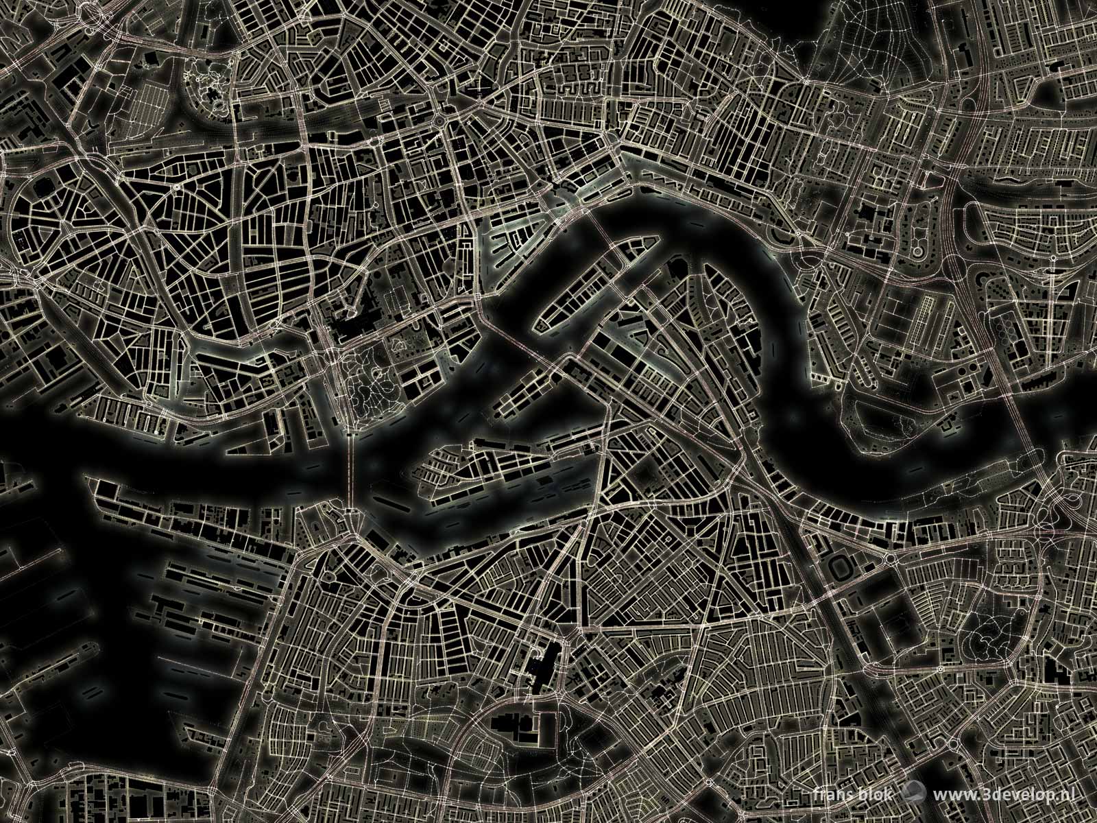 The Light Map of Rotterdam, a plan of the city center and its surroundings showing the city as a network of bright lines and spots against a dark background.