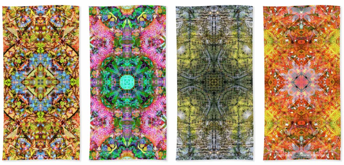 Four beach towels with colorful harmonious symmetric kaleidoscopic patterns printed on them