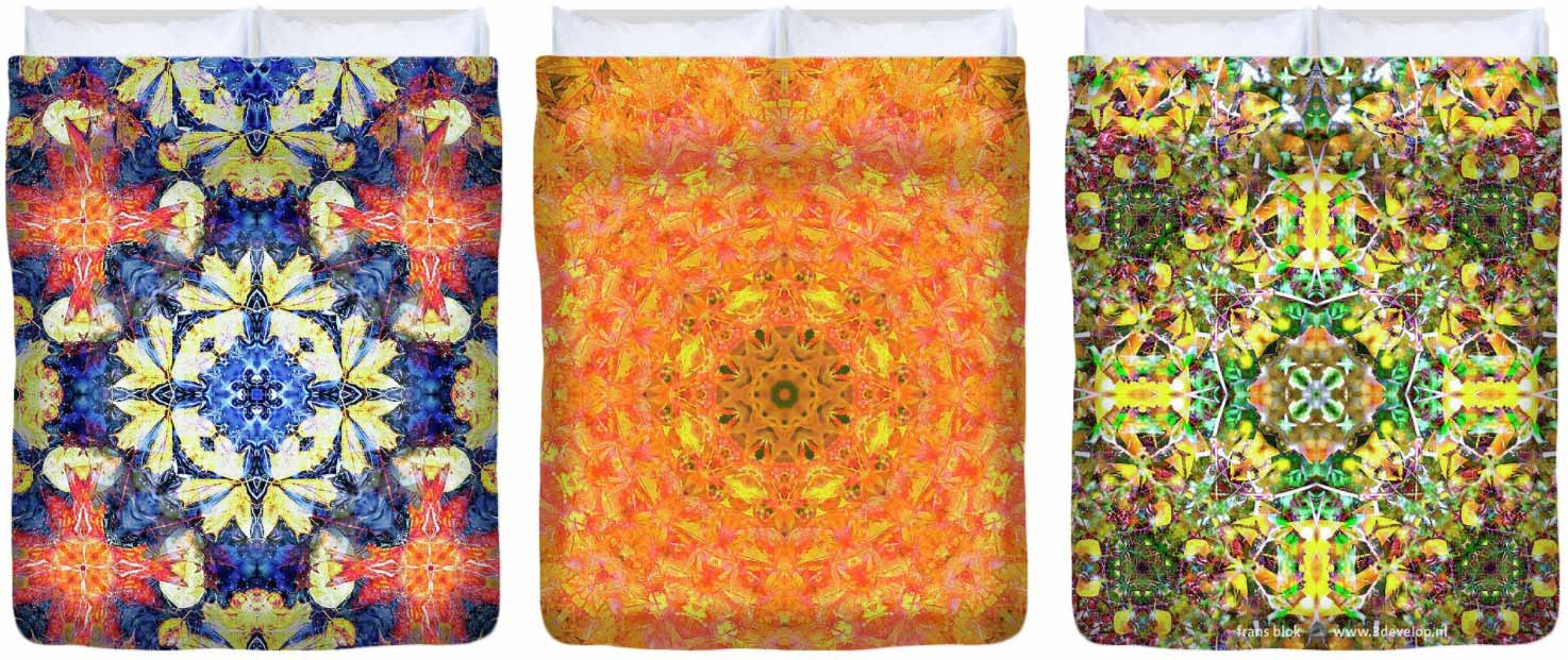 Three duvet covers with colorful harmonious symmetric kaleidoscopic patterns printed on them