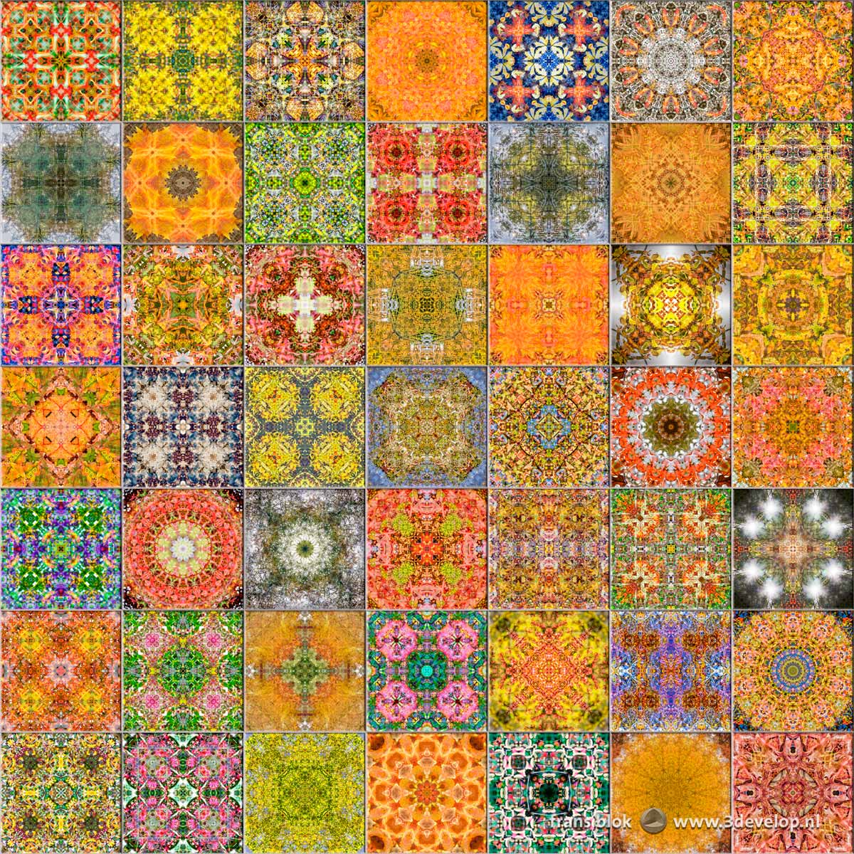 49 multicolored kaleidoscopic patterns like tiles on a wall