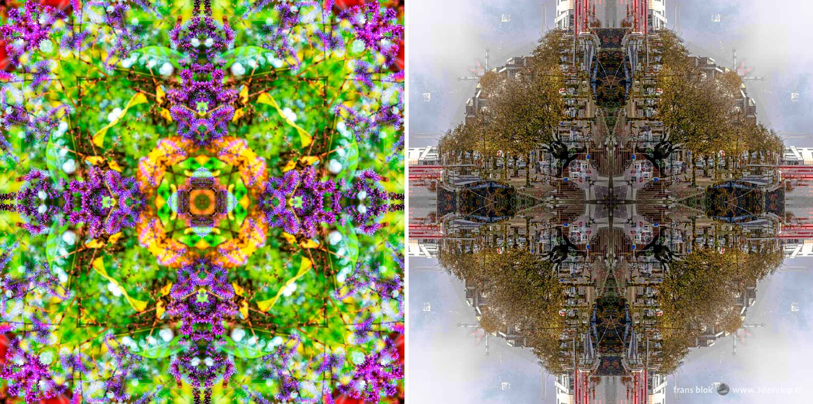 Two examples of a kaleidoscopy: a symmetric pattern made by copying, mirroring and rotating a photgraph in Photoshop