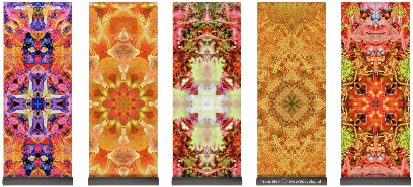 Five yoga mats with colorful harmonious symmetric kaleidoscopic patterns printed on them