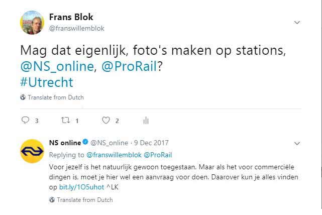 Screenshot of a Twitter conversation between the author and Dutch Railways about photography on railway stations