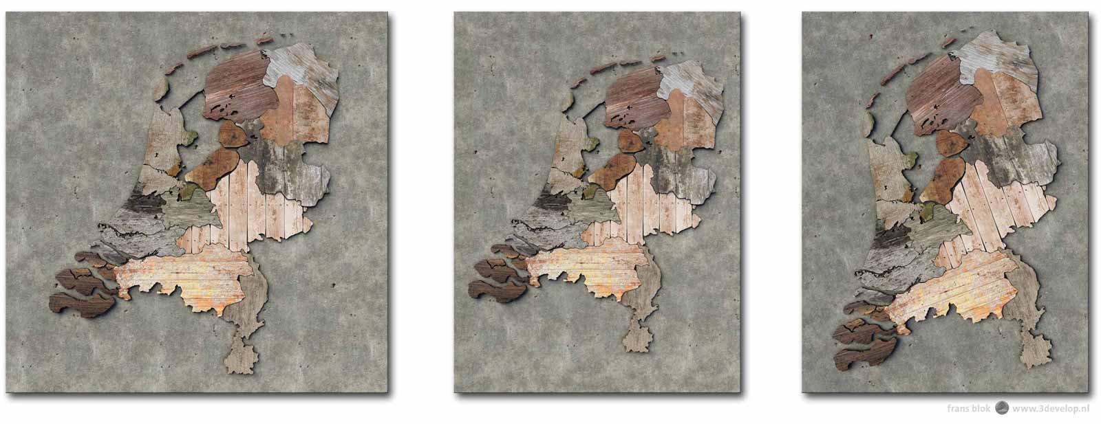 Three different crops of a map of the Netherlands with the provinces done in various pieces of scrapwood: square, portrait and rotated