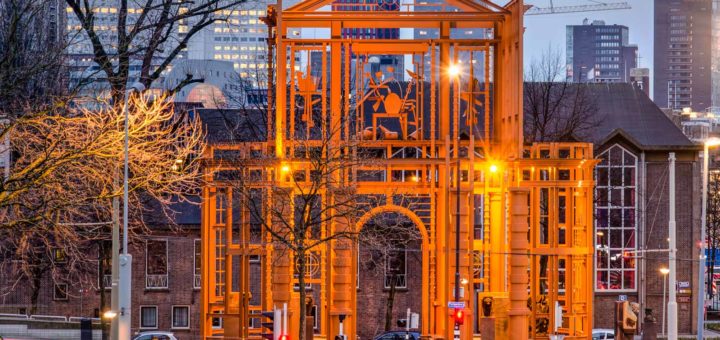 The giant steel sculpture The New Delft Gate by artist Cor Kraat on the corner of Pompenburg aan Haagseveer in Rotterdam