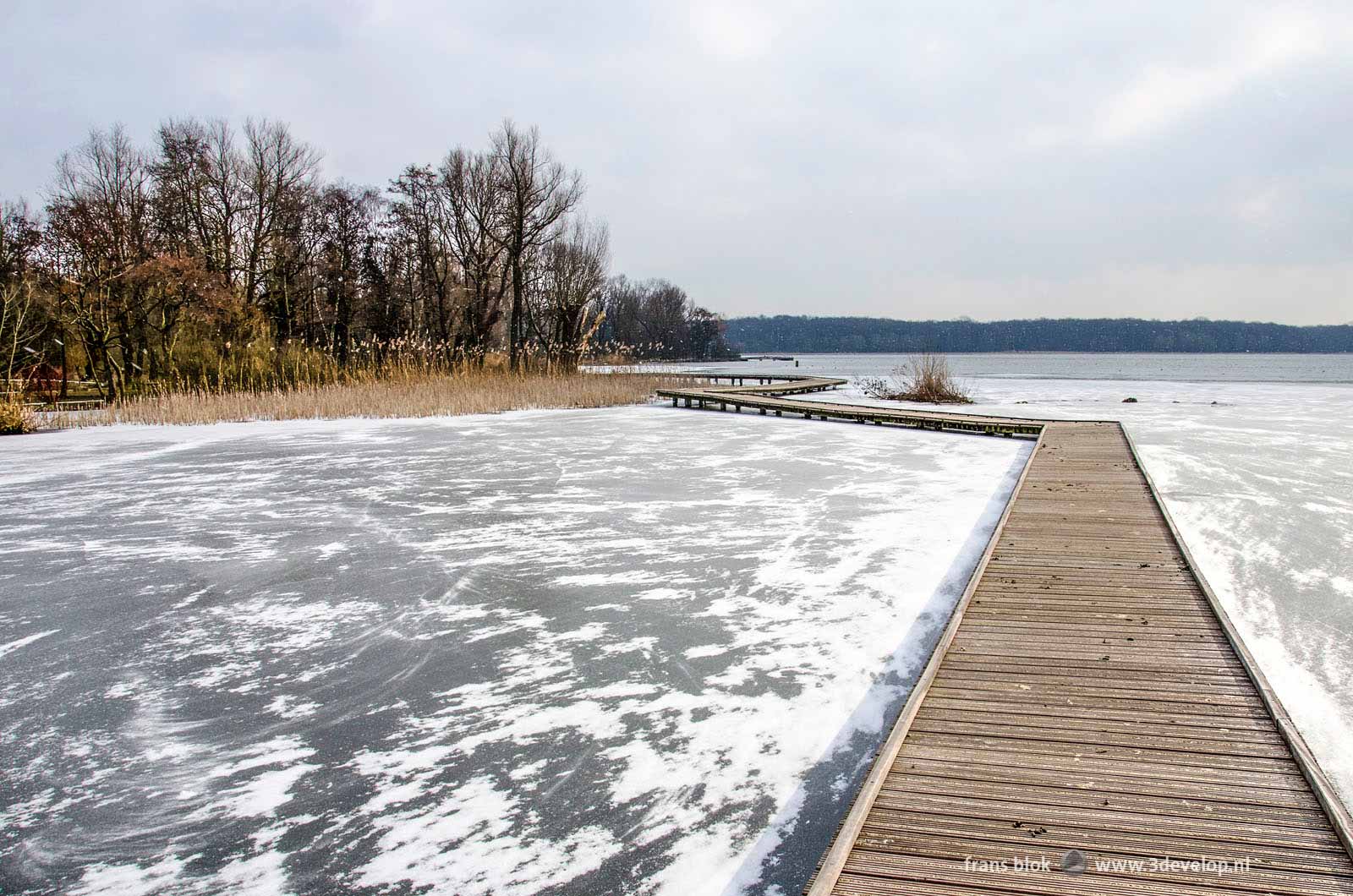 Wooden walkways across the frozen and snow-covered Lake Kralingen in Rotterdam