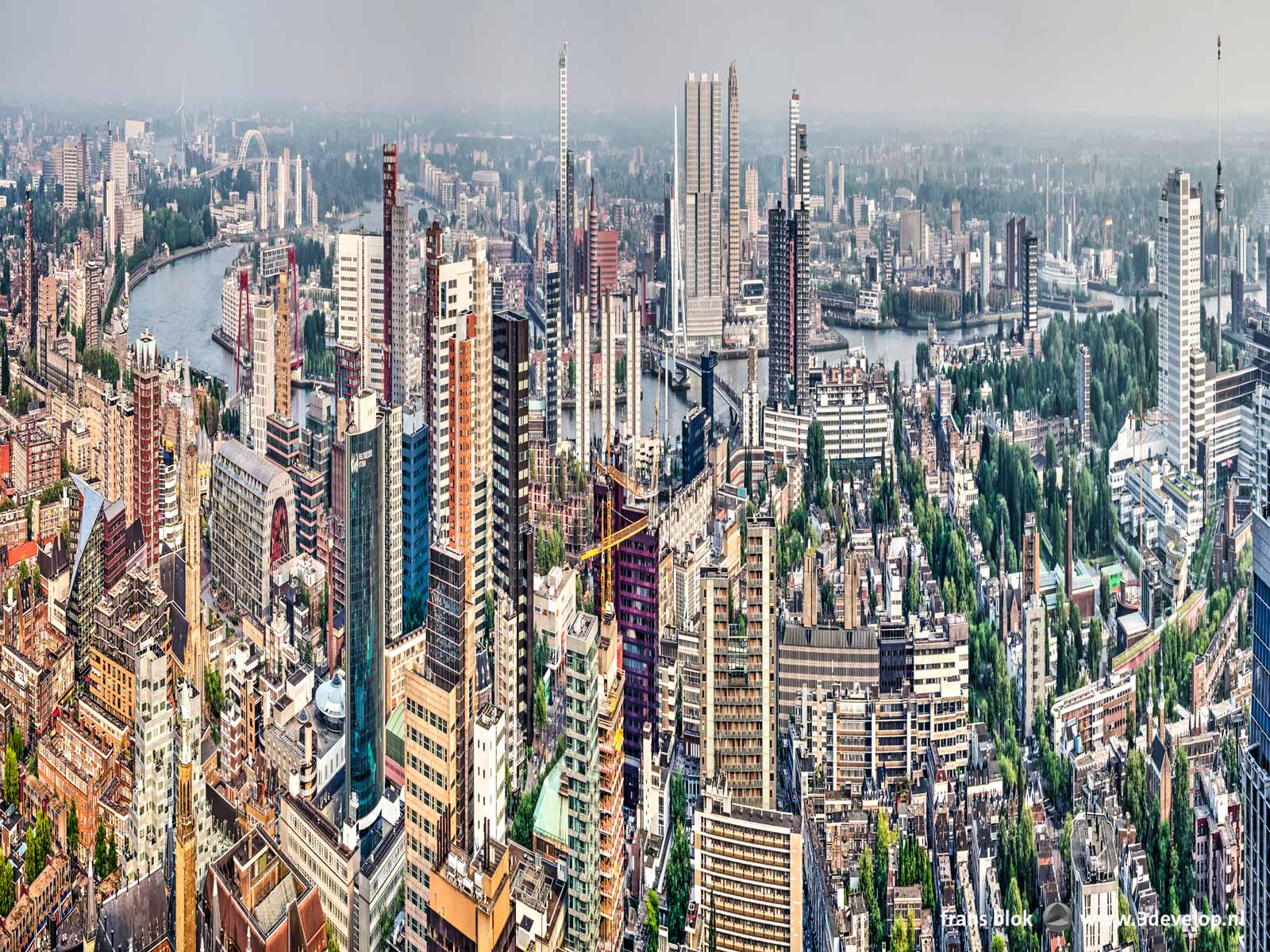 Stretched panorama of downtown Rotterdam, resulting in a Hong Kong-like image