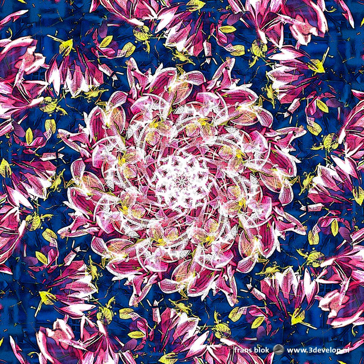 Abstract image with a spiral shape in blue and purple hues, based on a photo of the flowers of a magnolia in springtime